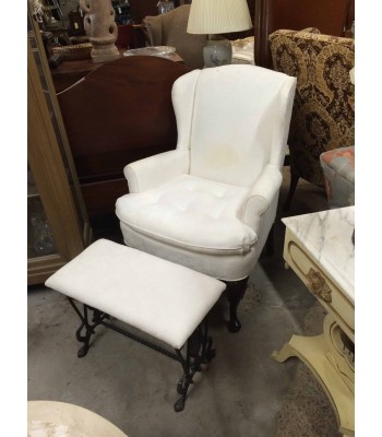 SOLD - White Wingback Chair with Ottoman